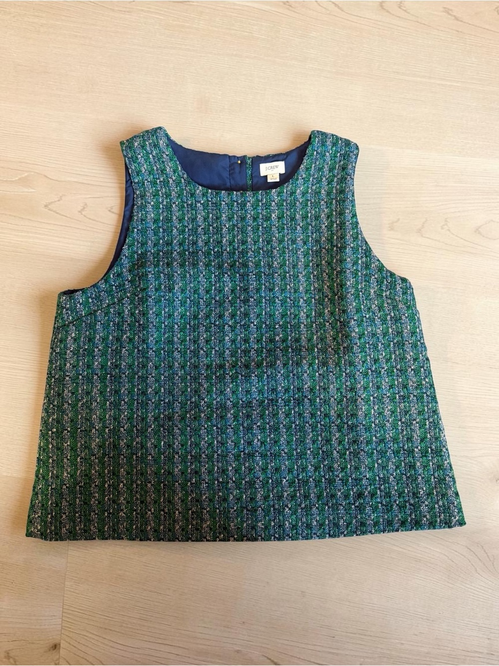 J. Crew Green Tweed Sleeveless Shell with Navy Lining